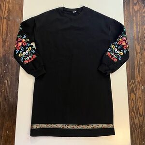 Floral Embroidered Black Long Sleeve Dress